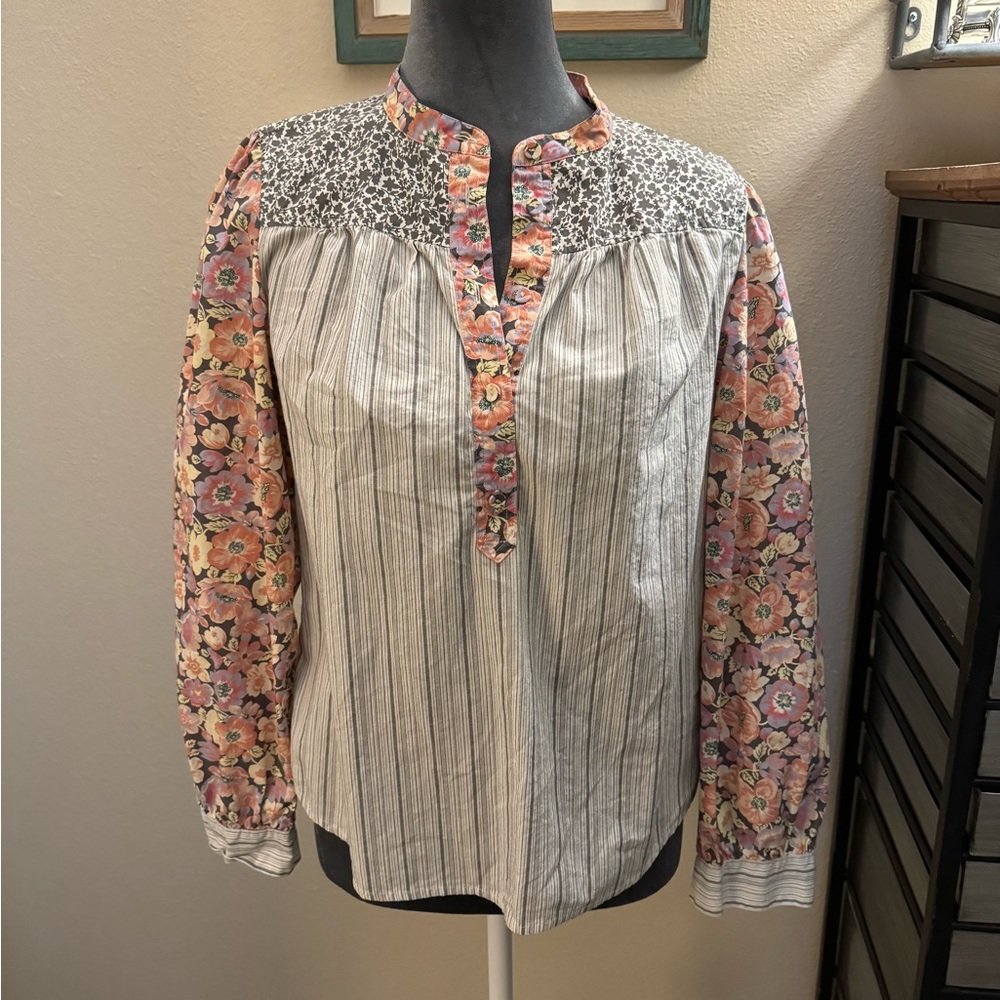La Vie Rebecca Taylor Stripe/Floral Long Sleeve 100% Cotton Top, Size XS